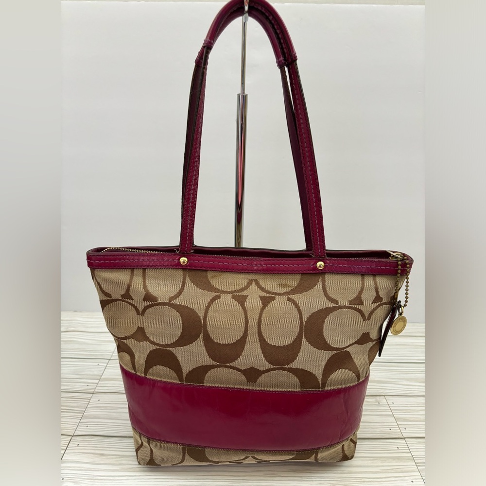 Coach Signature Stripe Patent Tote Bag